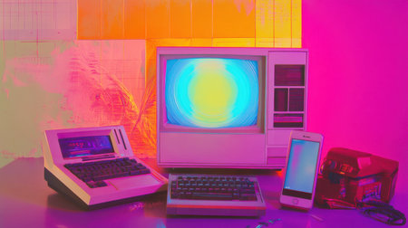 A creative arrangement featuring a vintage computer next to a smartphone on a vibrant background, showcasing the clash and harmony of retro and modern technology in an artistic setting.の素材