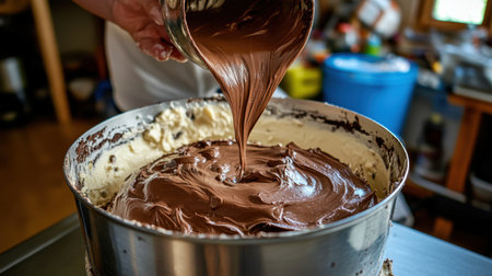 A close-up view of a warm chocolate mixture being poured into a bowl during the baking process, capturing the art of food preparation in a cozy kitchen environment.の素材