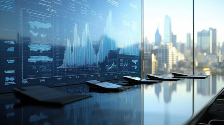Modern business workspace featuring advanced financial data visualization on a large screen, complemented by documents and a stunning city view, perfect for corporate projects.の素材
