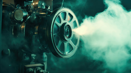 Captivating image of a vintage film projector releasing light and smoke, embodying the spirit of classic cinema and evoking nostalgia for the artistry of film making.の素材