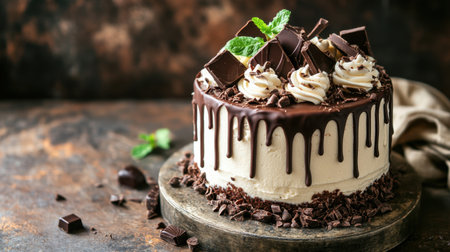 A luxurious chocolate cake topped with creamy frosting and decorative chocolate pieces, ideal for festive occasions and food styling, offering a feast for both the eyes and palate.の素材