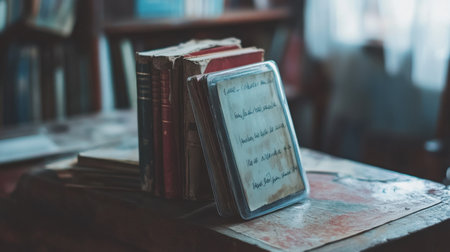 A beautifully arranged scene featuring vintage books and handwritten notes on a wooden table, capturing the essence of solitude, literature, and inspiring creativity within a serene library environment.の素材