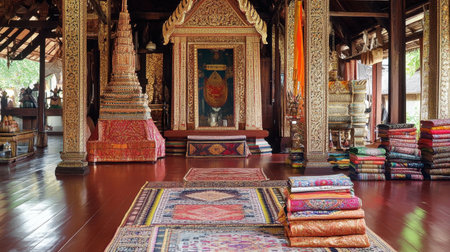 Explore the tranquil beauty of a traditional temple interior featuring intricate woodwork, vibrant textiles, and a serene atmosphere ideal for meditation and cultural appreciation.の素材