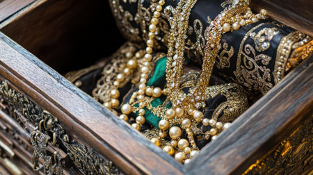 A stunning display of vintage jewelry artfully arranged in an intricately designed wooden box, capturing the beauty and elegance of timeless accessories.の素材