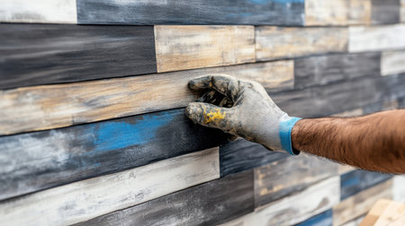 A close-up view of a hand in a glove applying finishing touches to a creatively designed wood wall with various colors and textures, perfect for home decor ideas.の素材