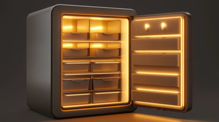 A sleek and modern open refrigerator with warm interior lighting, perfect for stylish kitchens, featuring ample storage for food and beverages, enhancing kitchen aesthetics.の素材