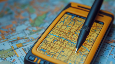 Close-up of a vibrant urban map displayed on an electronic device with a black pen resting on top, showcasing details ideal for navigation and travel planning activities.の素材