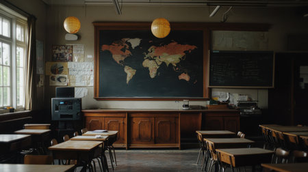 A well-lit classroom featuring a detailed world map on the blackboard, surrounded by wooden desks and chairs, creating a warm and inviting educational environment.の素材