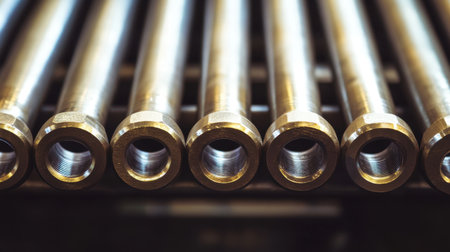 A detailed photograph capturing a series of industrial metal pipes arranged in parallel, showcasing their shiny brass finish and precise manufacturing quality in a workshop setting.の素材
