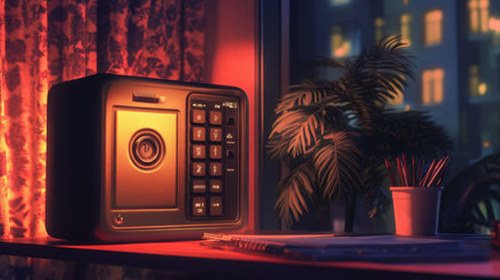 A modern secure safe placed on a stylish table in a cozy living area. The warm backlight creates a serene atmosphere, enhancing the elegant decor and indoor plant.の素材