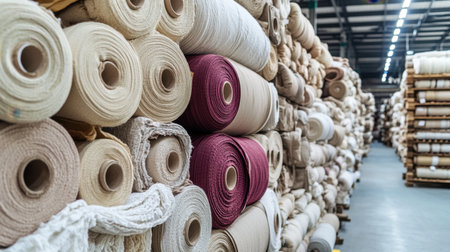 A vast collection of fabric rolls stacked in a textile warehouse. This image captures an extensive range of textures and colors ideal for various design and production projects.の素材