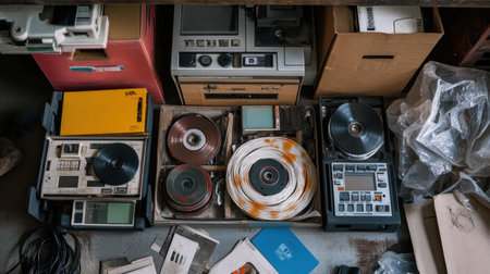 A captivating display of vintage audio equipment, showcasing recording materials and retro technology, perfect for evoking nostalgia and enhancing creative projects.の素材