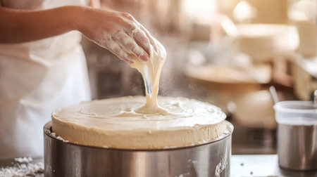 A skilled baker uses their hands to spread creamy frosting on a beautiful layer cake, showcasing passion for baking in a warm and inviting bakery environment.の素材