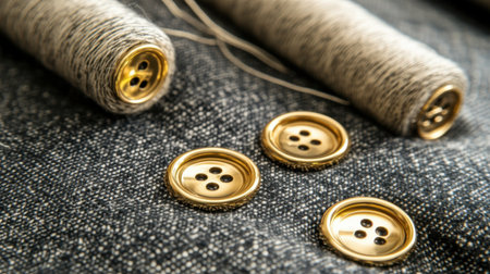 This image features golden buttons and thread spools resting on textured denim fabric, perfect for sewing enthusiasts, showcasing intricate details and vibrant colors in crafting supplies.の素材