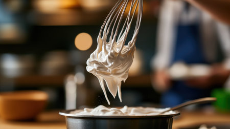 A chef's hand whisking egg white foam in a bowl, creating fluffy meringue in a modern kitchen setting, perfect for desserts and pastries with a warm atmosphere.の素材
