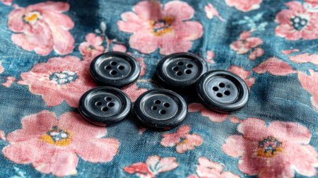 A detailed close-up of black four-hole buttons set against a vintage floral fabric featuring delicate pink flowers, perfect for craft and sewing projects.の素材