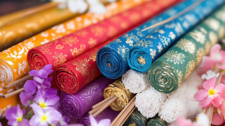 A stunning array of decorative craft paper rolls in a variety of vivid colors, each adorned with intricate floral patterns, perfect for art, DIY projects, or stunning displays.の素材