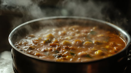 A close-up capture of a bubbling pot filled with wholesome stew, showcasing rich colors and textures, creating an inviting atmosphere perfect for a cozy meal.の素材