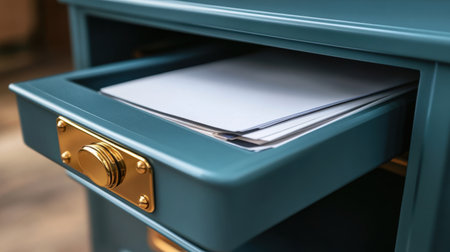 A stylish teal drawer with a golden handle, featuring organized papers inside. This image is ideal for showcasing modern office storage solutions and elegant workspace decor.の素材