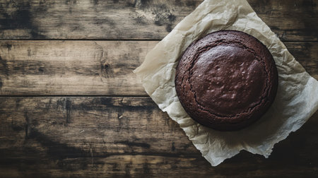 A freshly baked chocolate cake rests on brown paper atop a rustic wooden surface, ideal for capturing the essence of home baking and dessert indulgence.の素材