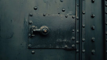 This image captures a close-up view of a vintage industrial door, highlighting its textured surface, metal fasteners, and robust locking mechanism, perfect for design projects.の素材