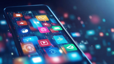 Vibrant smartphone with app icons showcases modern digital communication, highlighting the essence of technology, connectivity, and innovation in everyday life.の素材