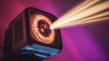 A retro projector emits colorful light beams in a dark setting, creating an engaging and dynamic atmosphere perfect for artistic and cinematic expressions.の素材