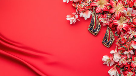 This stunning image features elegant traditional jewelry surrounded by vibrant flowers on a rich red fabric, ideal for showcasing beauty and cultural richness in festive occasions.の素材