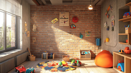 A vibrant playroom filled with various colorful toys and bright decor, featuring ample sunlight, a cozy atmosphere, and educational elements for children's enjoyment.の素材