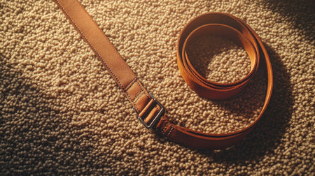 A beautifully crafted brown leather belt laid on a textured carpet, capturing intricate details and a warm light, ideal for fashion and lifestyle imagery.の素材