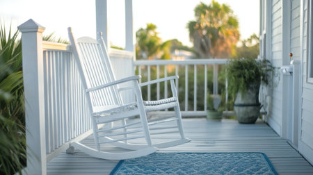 A charming white rocking chair sits on a sunlit porch, surrounded by lush greenery and decorative accents, creating a perfect spot for peaceful outdoor relaxation.の素材