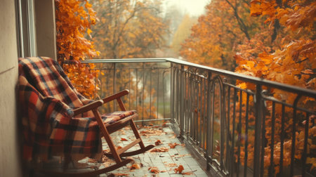 A serene autumn balcony features a rocking chair with a warm blanket, surrounded by vibrant fall foliage. Ideal for relaxation, this scene captures the essence of cozy outdoor living.の素材