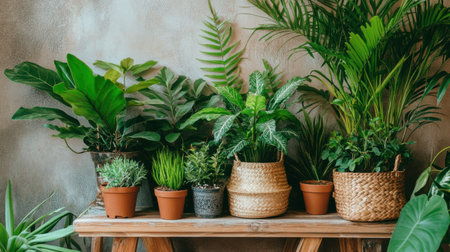 This captivating arrangement of indoor plants on a rustic wooden table showcases vibrant greenery, enhancing any space with a touch of nature's tranquility and charm.の素材