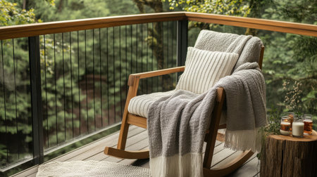 A cozy rocking chair on a balcony, beautifully draped with soft blankets and cushions, invites you to unwind in a tranquil setting surrounded by lush greenery.の素材