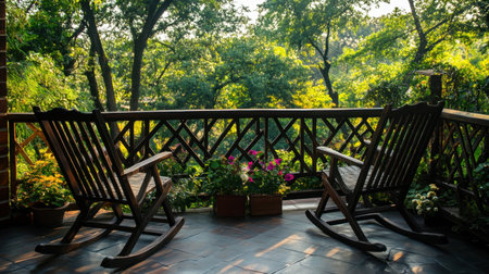 A serene porch featuring rocking chairs that invite relaxation. Surrounded by lush greenery and vibrant flowers, this outdoor space offers a tranquil escape into nature's beauty.の素材