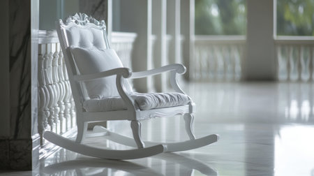 A beautiful white rocking chair positioned in a luxurious space, bathed in soft natural light, promoting a sense of tranquility and relaxation amidst an elegant interior.の素材