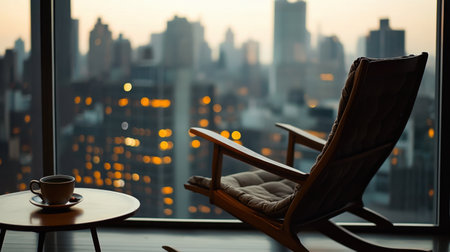 A serene evening scene featuring a cozy rocking chair positioned by a window, revealing a stunning city skyline illuminated with glowing lights at dusk. Enjoy a warm cup of coffee.の素材