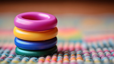A vibrant set of stacking rings displayed on a colorful textile surface, ideal for supporting infants and toddlers' development through engaging play and motor skill enhancement.の素材