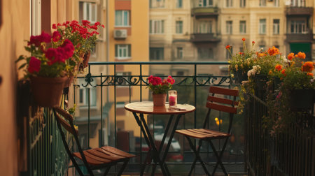 This serene balcony scene features vibrant potted flowers and a cozy table setup, perfect for enjoying a refreshing drink while soaking in the charming urban atmosphere.の素材