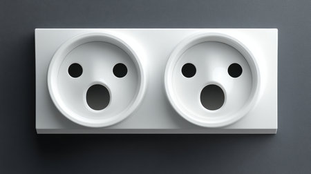 A close-up view of a sleek white double electrical outlet set against a dark surface, highlighting its minimalist design. Ideal for topics on modern interiors and energy solutions.の素材