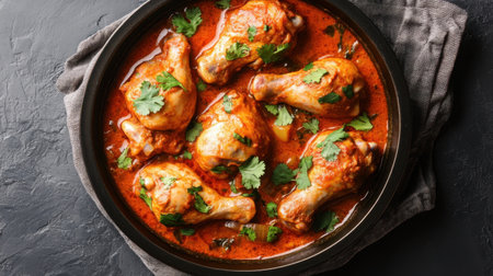 Savor the rich flavors of spiced chicken drumsticks simmered in a luscious tomato sauce, beautifully garnished with fresh coriander, perfect for any meal occasion.の素材
