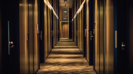 A beautifully designed hotel corridor featuring warm lighting and modern style, perfect for illustrating hospitality, travel themes, and serene accommodations.の素材
