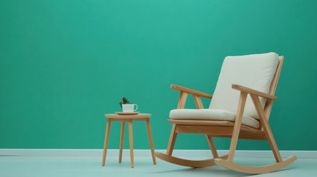 This image showcases a stylish wooden rocking chair with cream upholstery, placed beside a small wooden table against a vibrant teal wall, creating a cozy and inviting atmosphere.の素材
