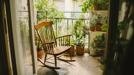 A serene balcony space featuring a wooden rocking chair and vibrant green plants, creating a peaceful retreat for relaxation and enjoyment of nature.の素材