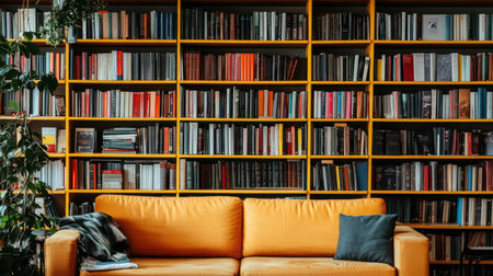 A stylish living room featuring a cozy orange sofa against a vibrant bookshelf filled with assorted books, perfect for creating an inviting reading atmosphere.の素材