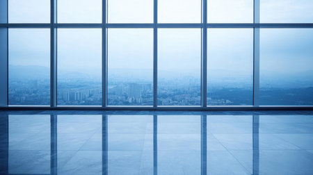 A spacious interior space featuring large glass windows offers a tranquil view of an urban landscape under a cloudy sky, embodying modern elegance and minimalism.の素材