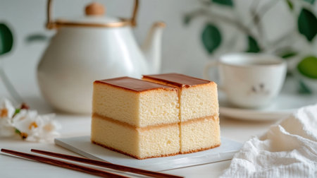 A tantalizing golden sponge cake slice elegantly presented on a white plate, paired with a teapot and cup, perfect for afternoon tea in a soothing kitchen atmosphere.の素材