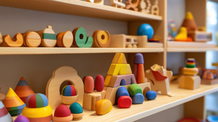 A vibrant collection of colorful wooden toys displayed on a shelf in a playroom, perfect for encouraging children's creativity, imagination, and learning through playful design.の素材