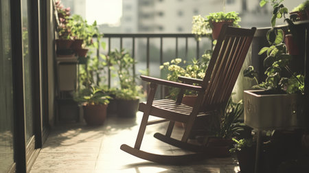 A serene balcony scene featuring a wooden rocking chair amid vibrant green plants, bathed in soft sunlight, creating an inviting space for relaxation and urban escape.の素材