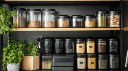A modern kitchen pantry featuring clear storage containers filled with grains and spices, complemented by fresh herbs for a clean and organized look. Perfect for culinary enthusiasts.の素材